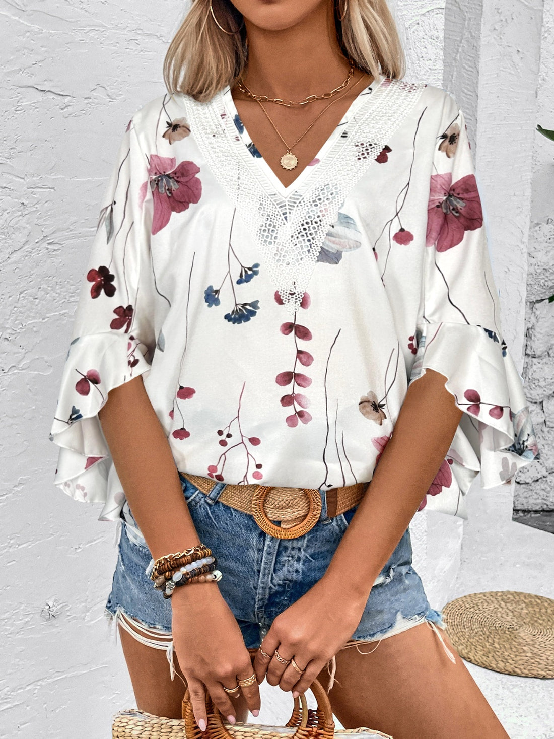 Honey Ruffled Printed V-Neck Half Sleeve Blouse 