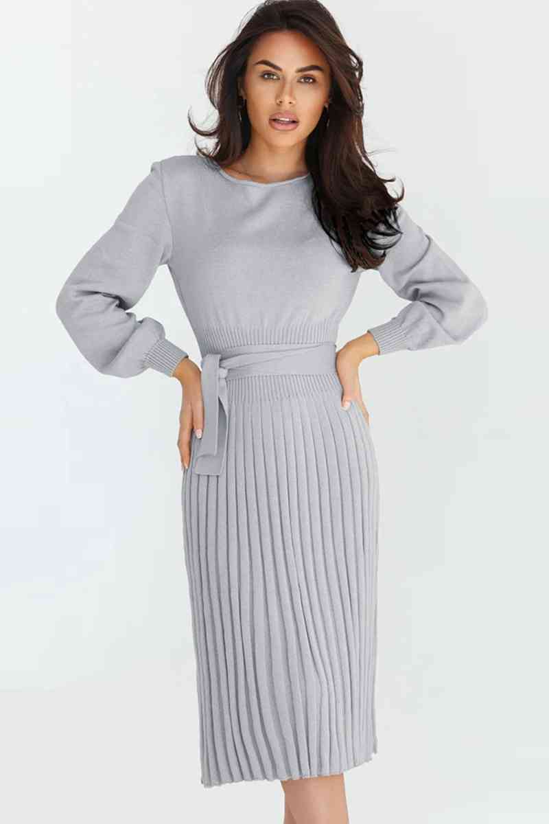 Round Neck Long Sleeve Pleated Sweater Dress Dresses