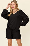 Double Take Full Size Texture V-Neck Long Sleeve T-Shirt and Shorts Set 