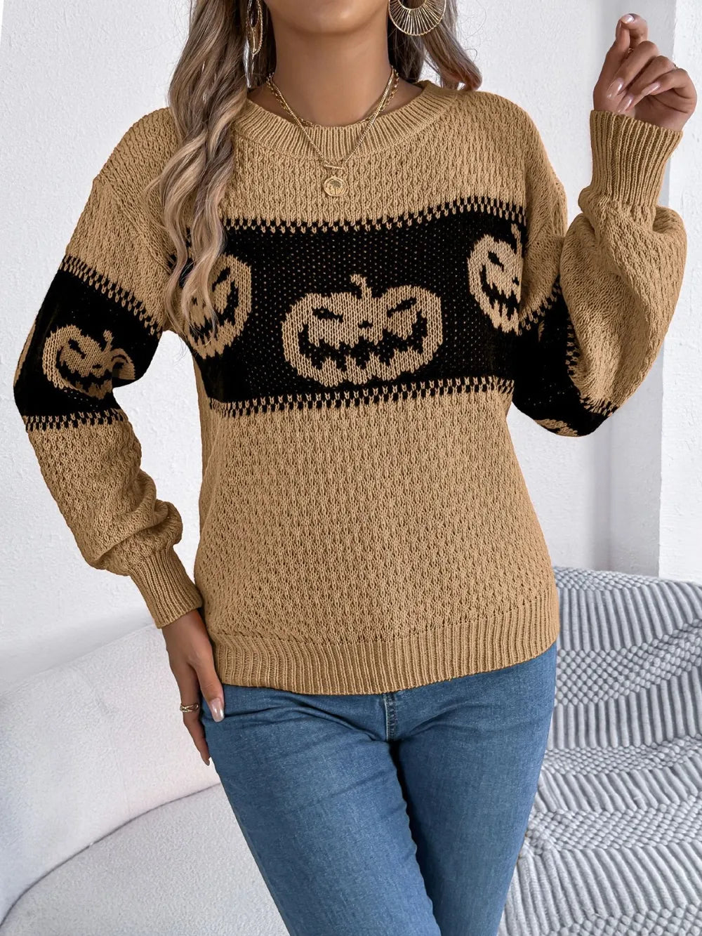 Pumpkin Round Neck Long Sleeve Sweater 
