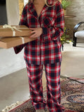 Plaid Collared Neck Button Up Top and Pants Lounge Set Lingerie & Nightwear