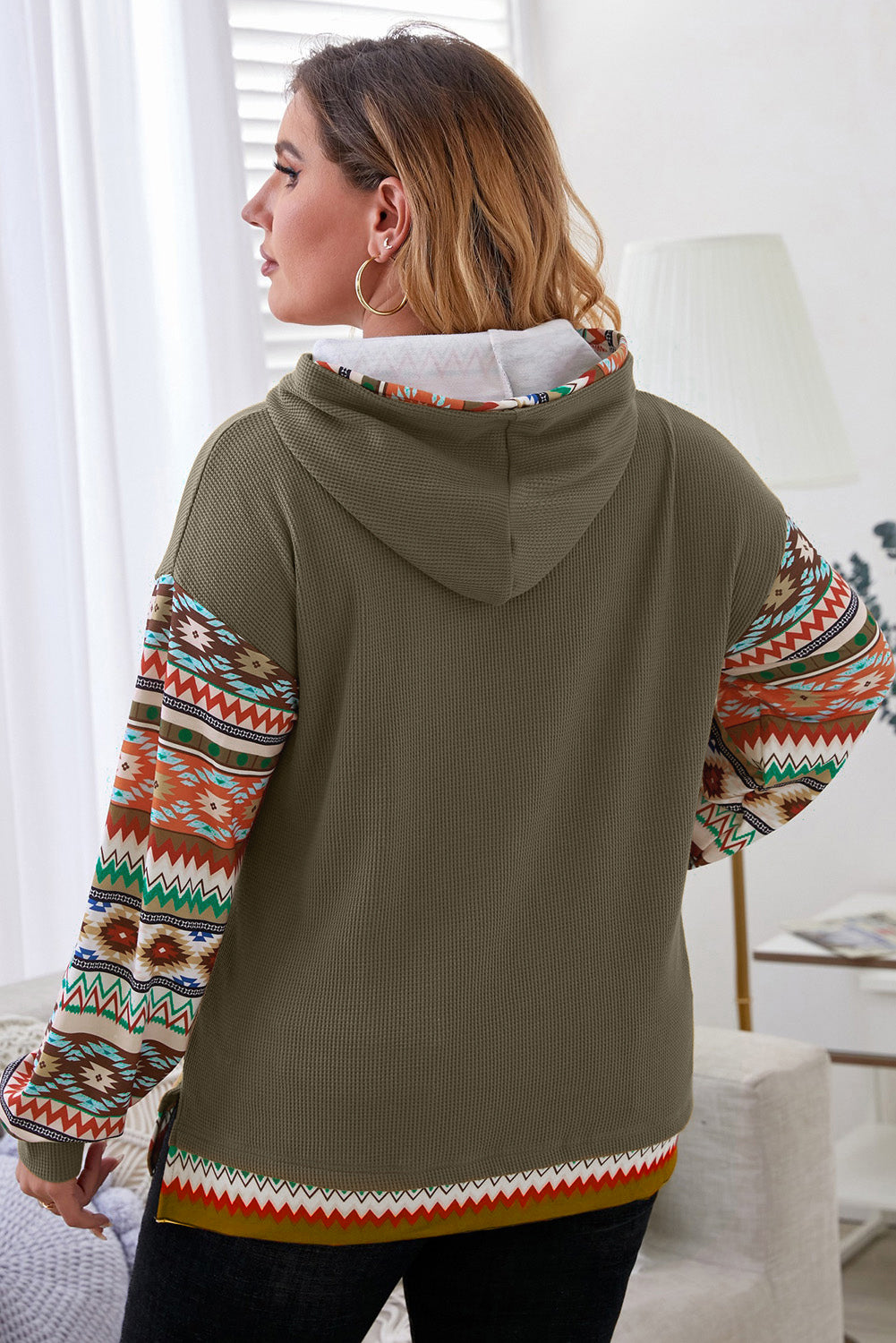 Plus Size Waffle-Knit Geometric Dropped Shoulder Hoodie 