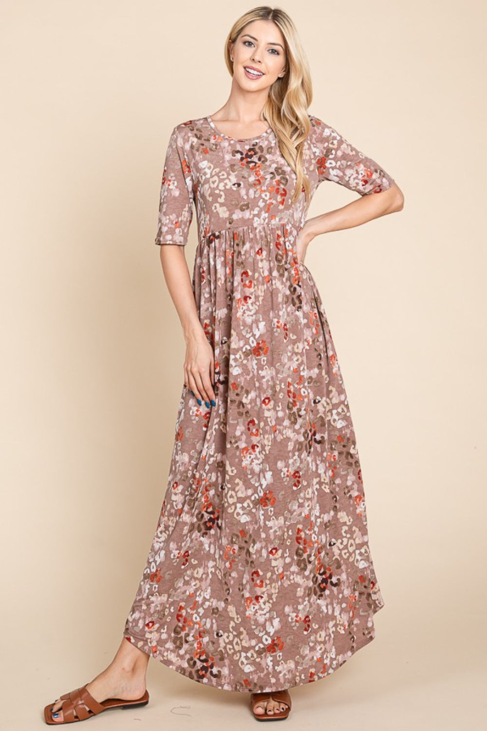 BOMBOM Printed Shirred Maxi Dress 