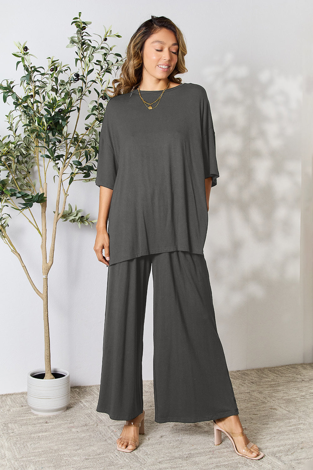 Double Take Full Size Round Neck Slit Top and Pants Set 