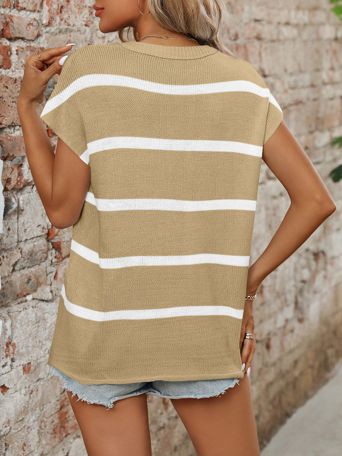 Mandy Striped Round Neck Short Sleeve Knit Top 