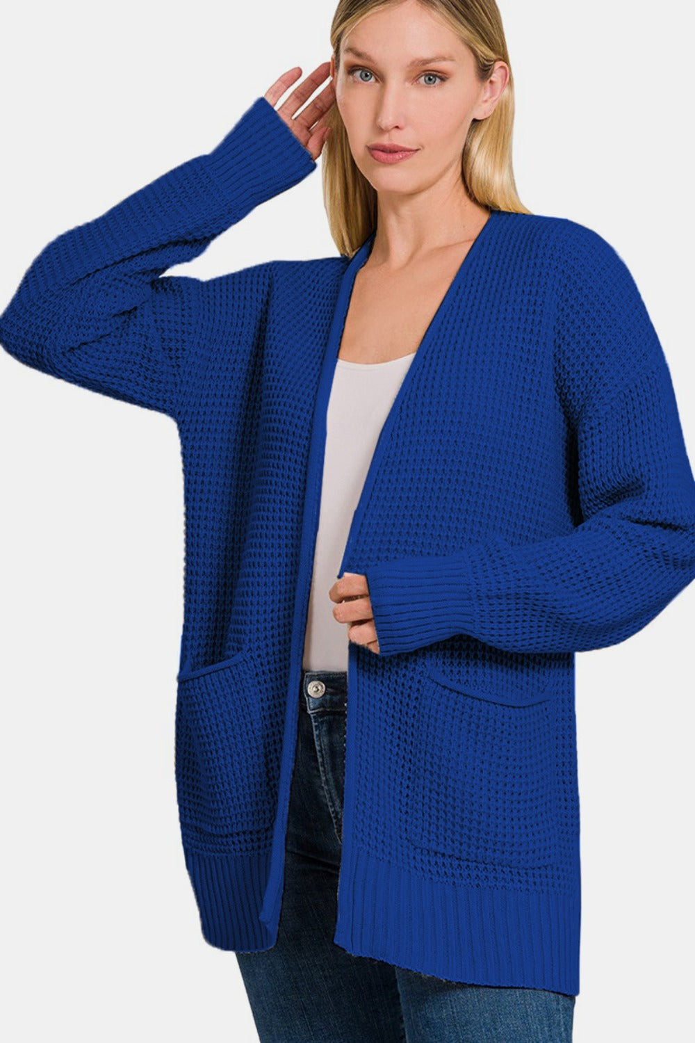 Zenana Waffle Open Front Sweater Cardigan 