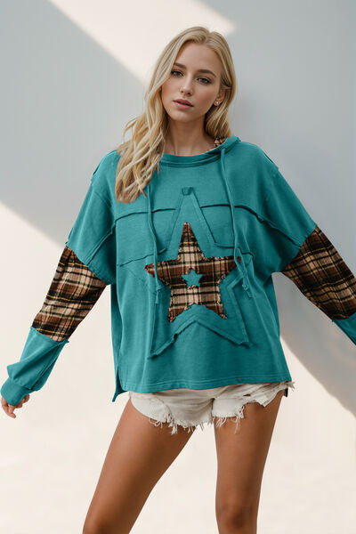 Double Take Drawstring Plaid Star Patch Long Sleeve Hoodie 