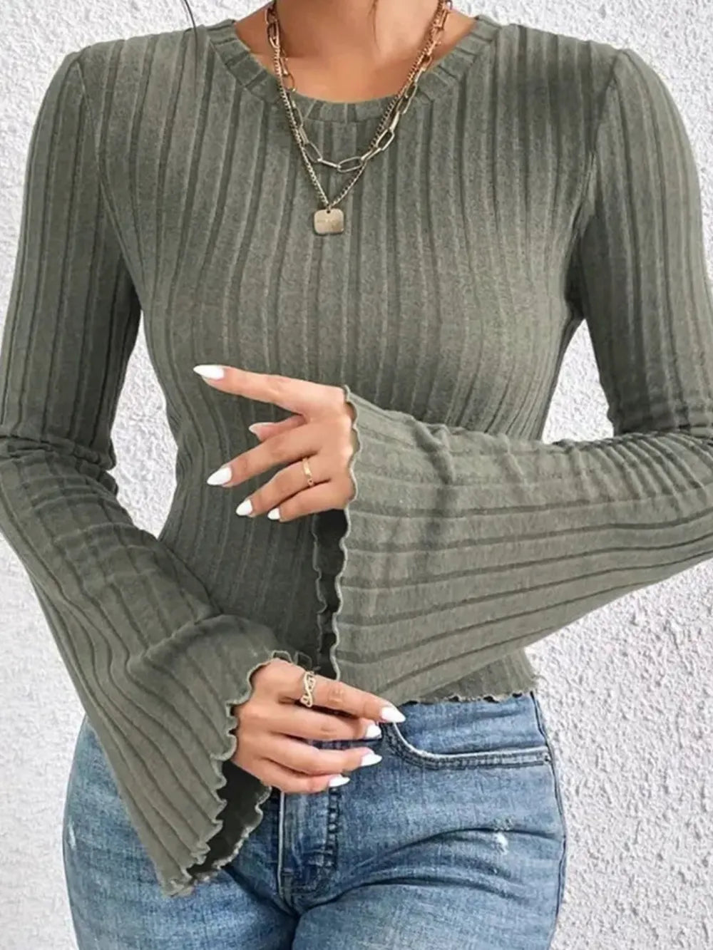 Ribbed Round Neck Flare Sleeve T-Shirt 