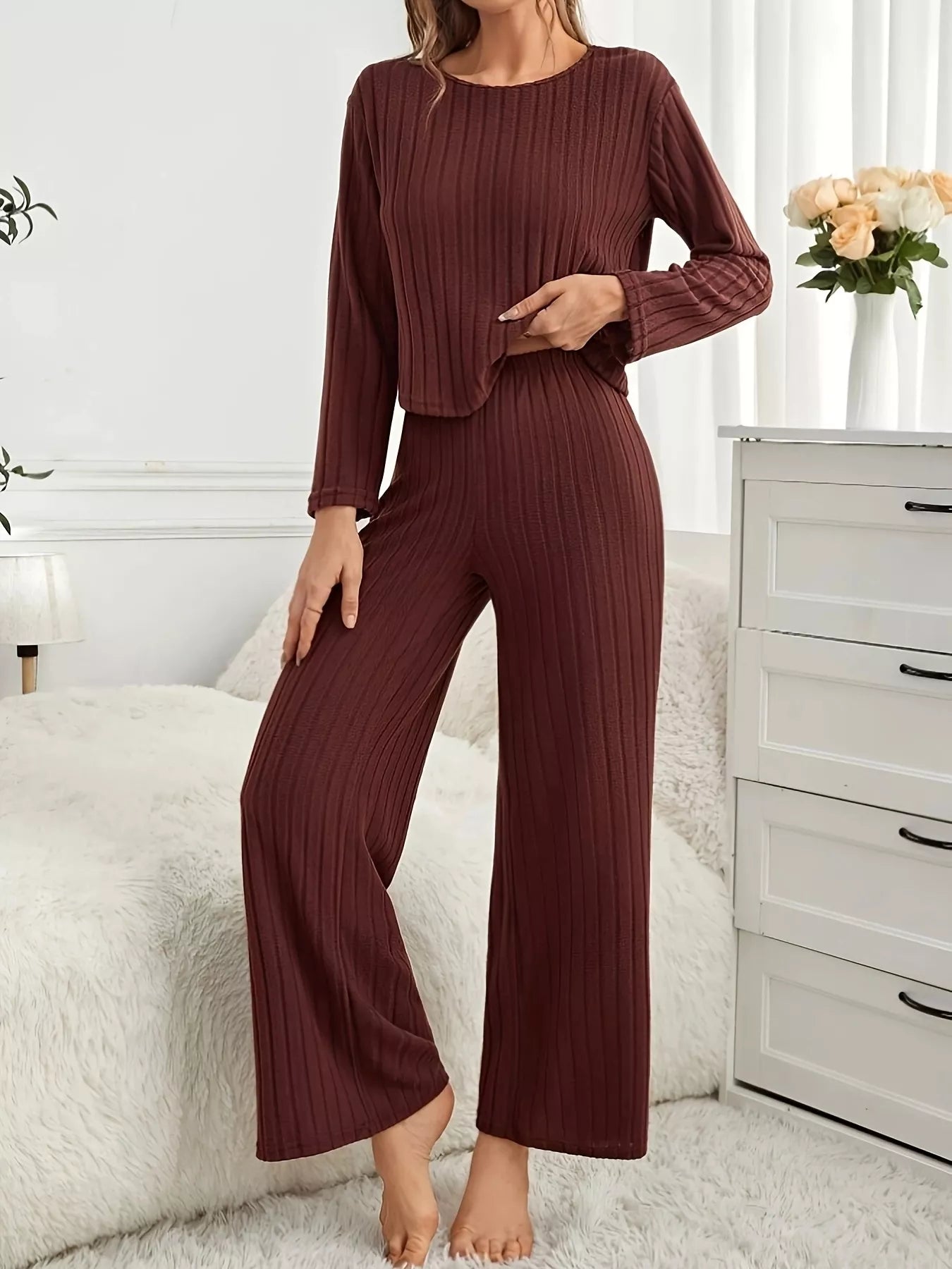 Ribbed Round Neck Long Sleeve Top and Pants Lounge Set Lingerie & Nightwear
