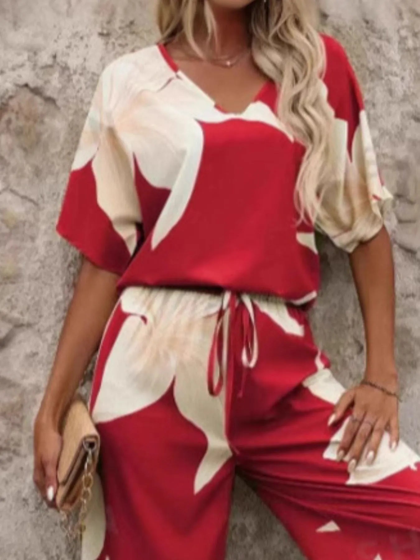 Printed V-Neck Top and Pants Set Two Piece Dresses