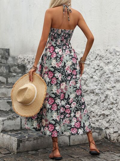 Perfee Smocked Printed Halter Neck Midi Dress Dresses