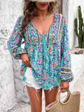 Devine Printed Tie Neck Long Sleeve Blouse 