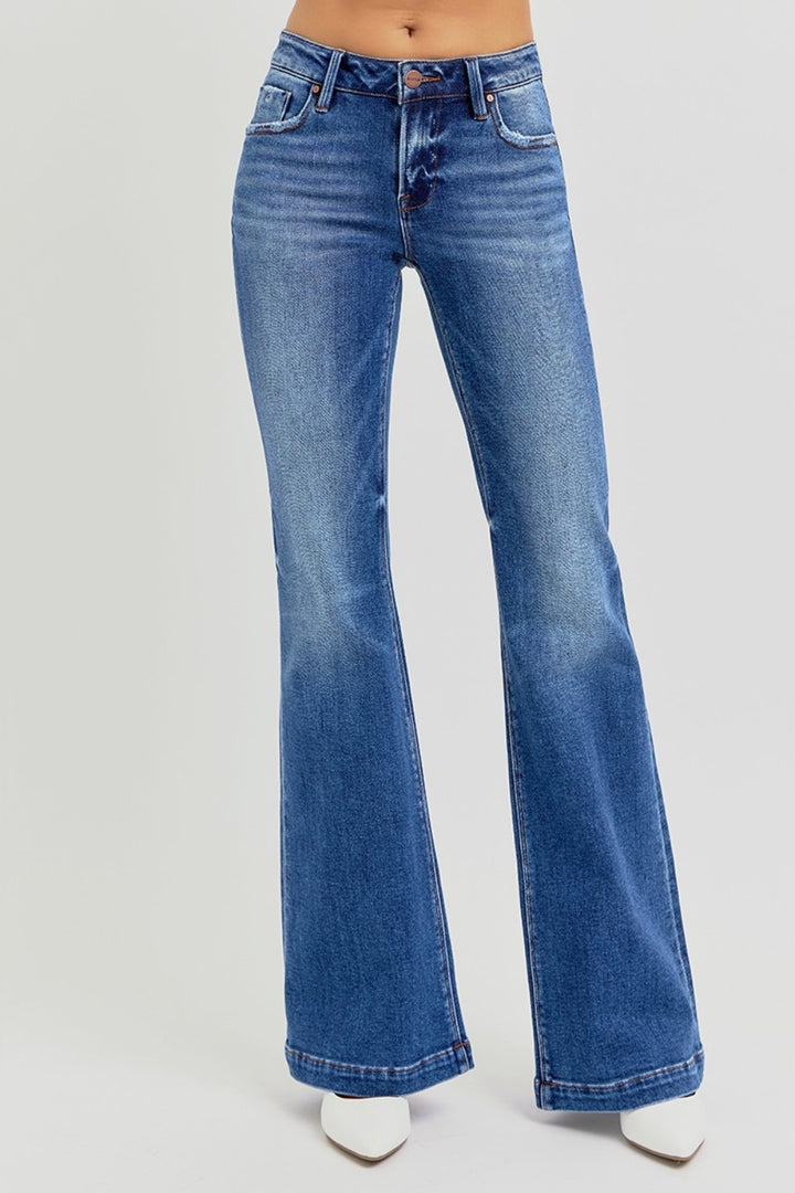 RISEN Full Size Low Rise Flare Jeans with Pockets 