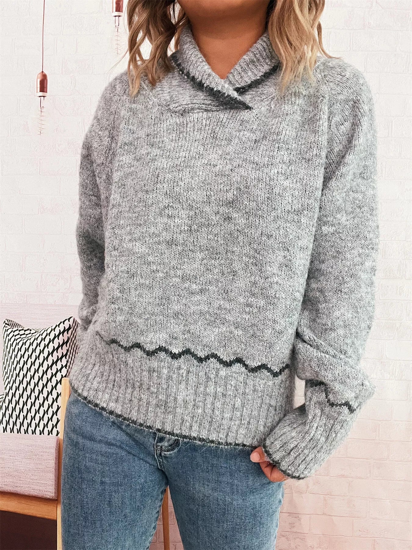Ribbed Contrast Trim Long Sleeve Sweater 