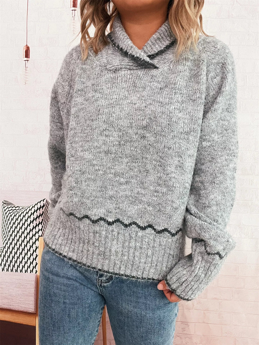 Ribbed Contrast Trim Long Sleeve Sweater 