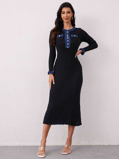 Contrast Trim Round Neck Long Sleeve Sweater Dress Dresses