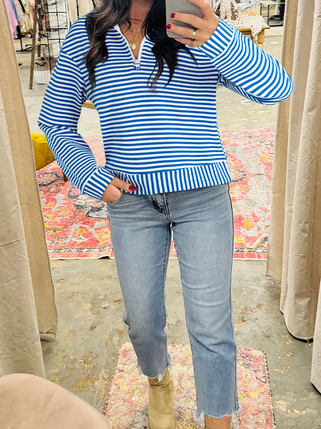 Stripe Quarter Zip Collar Long Sleeve Top 