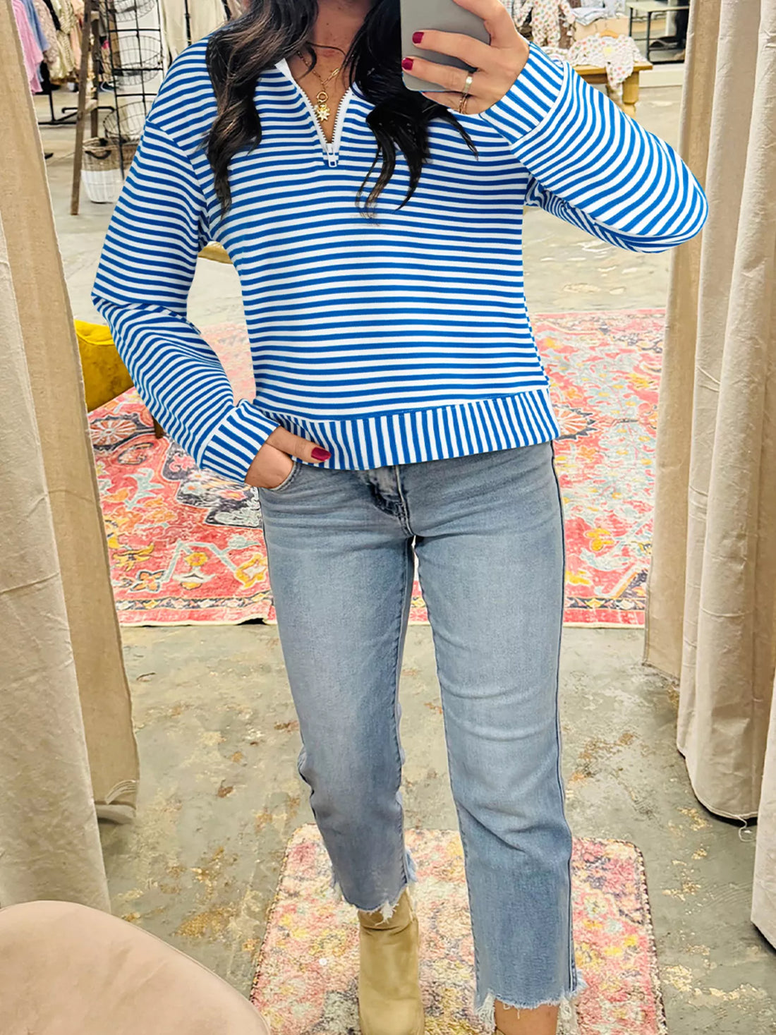 Stripe Quarter Zip Collar Long Sleeve Top 