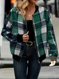 Plus Size Plaid Baseball Collar Zip Up Jacket 