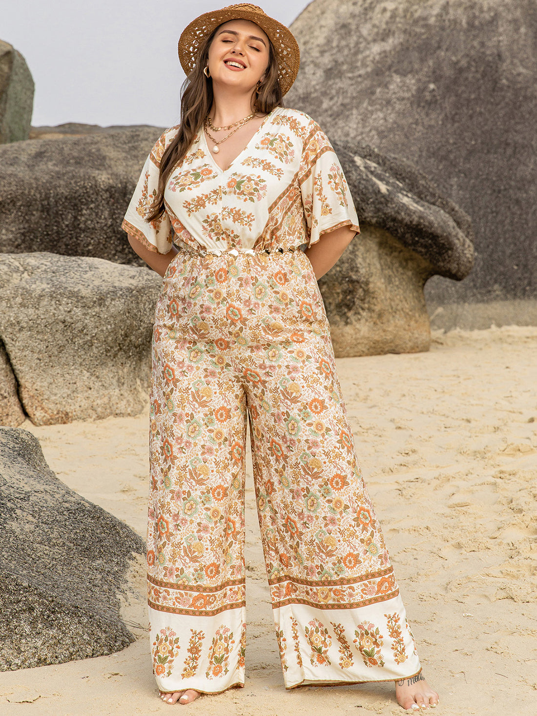 Plus Size V-Neck Flutter Sleeve Wide Leg Jumpsuit 