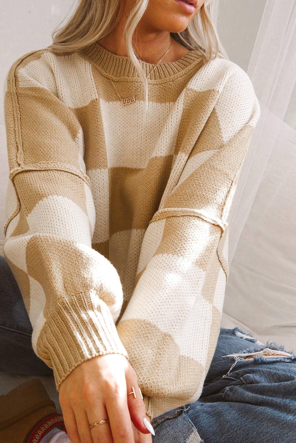 Green Checkered Bishop Sleeve Sweater Sweaters & Cardigans/Sweaters