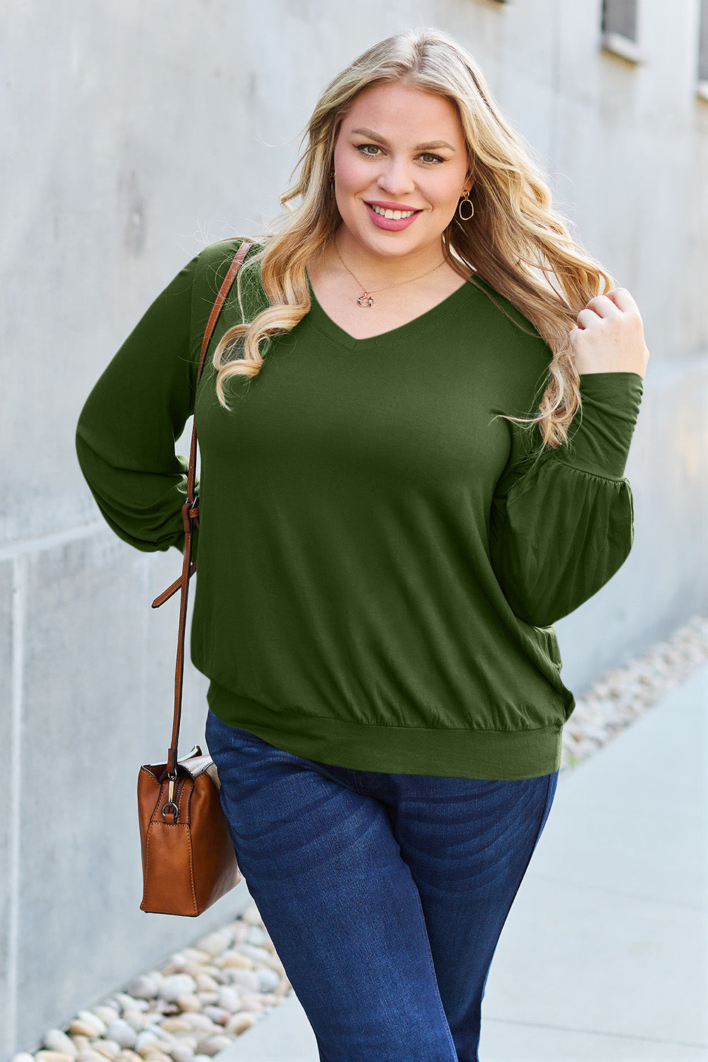 Basic Bae Full Size V-Neck Lantern Sleeve Top 