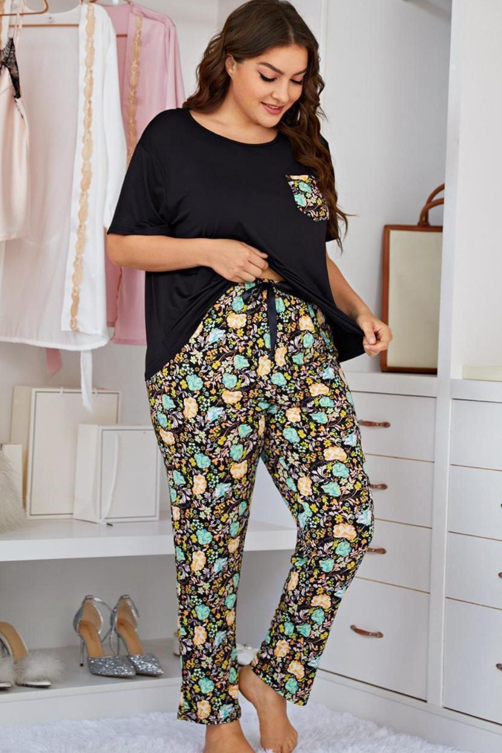 Plus Size Contrast Round Neck Tee and Floral Pants Lounge Set Lingerie & Nightwear