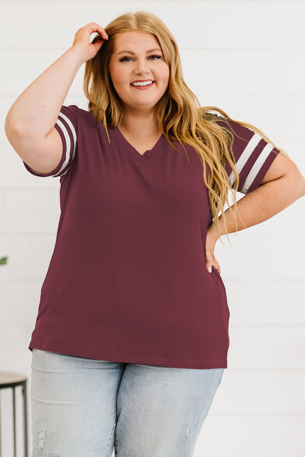 Plus Size Striped V-Neck Tee Shirt 