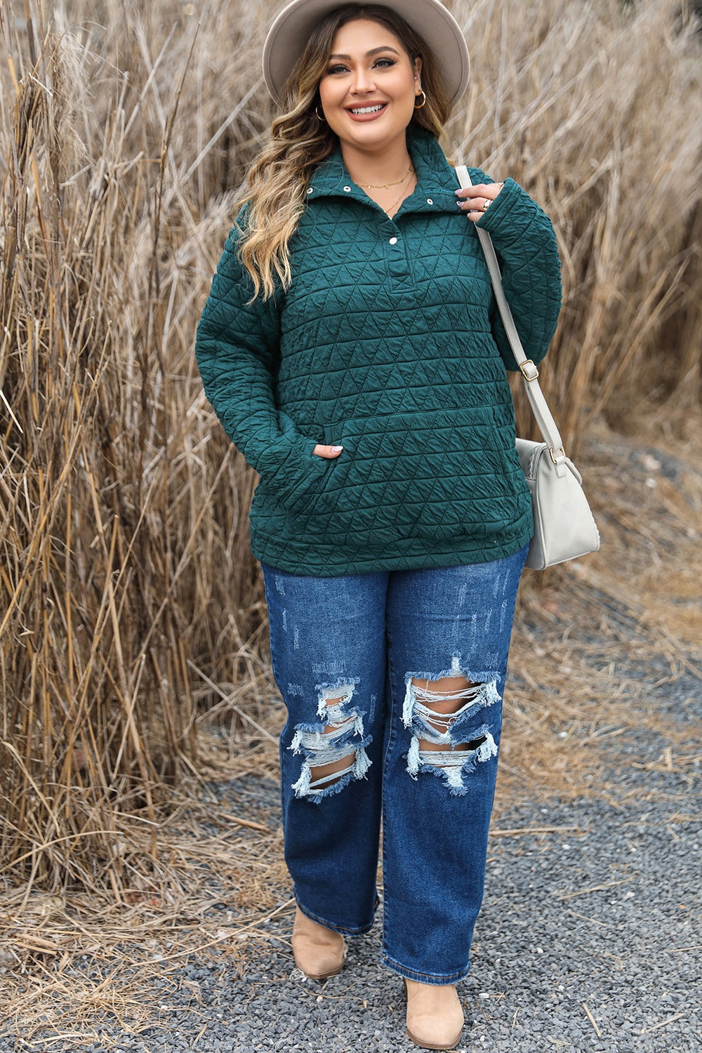 Plus Size Quarter Snap Quilted Sweatshirt 
