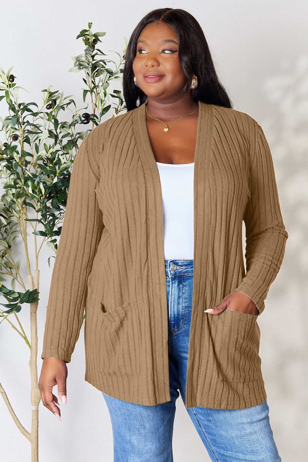 Basic Bae Full Size Ribbed Open Front Cardigan with Pockets 