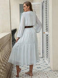Plus Size Printed Tie Neck Long Sleeve Midi Dress 