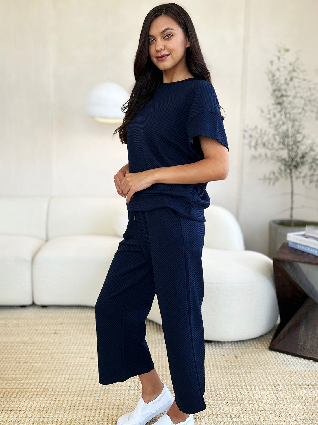 Double Take Full Size Texture Short Sleeve Top and Pants Set 
