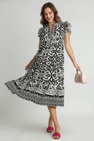 Umgee Full Size Two Tone Border Print Ruffle Cap Sleeve Midi Dress Plus Size Dresses