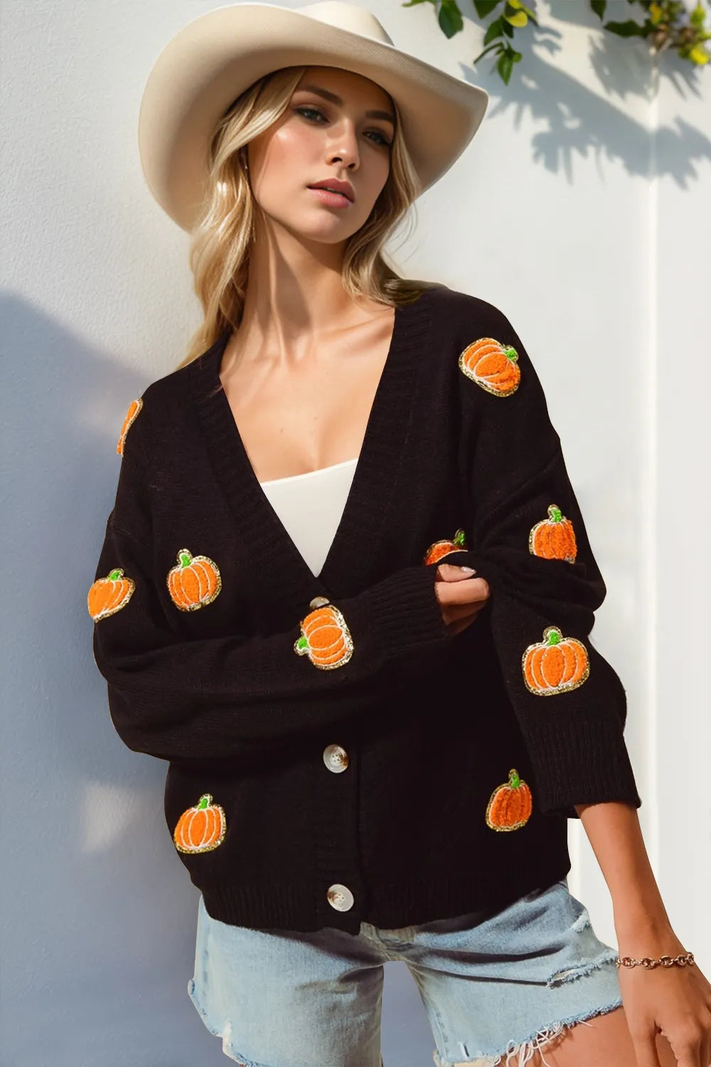 Double Take Full Size Pumpkin Button Up Long Sleeve Cardigan 