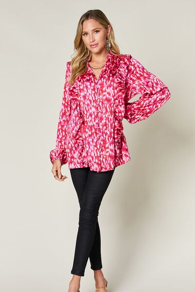 Double Take Full Size Printed Ruffle Trim Balloon Sleeve Shirt 