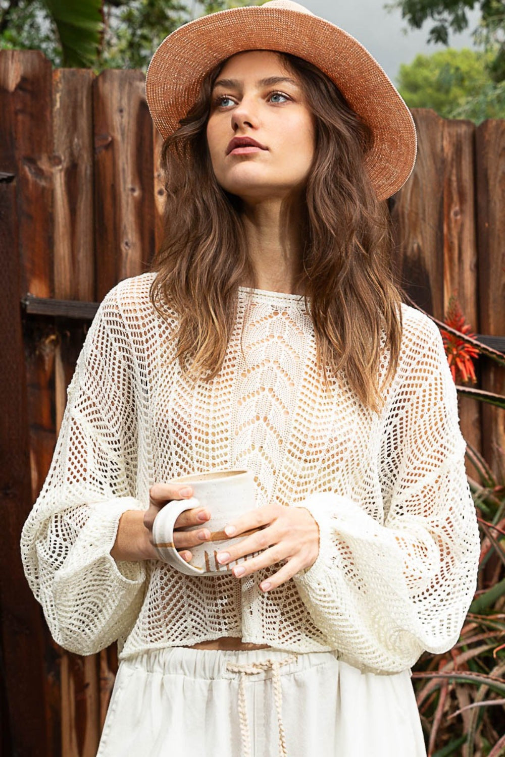 POL Openwork Balloon Sleeve Knit Cover Up 