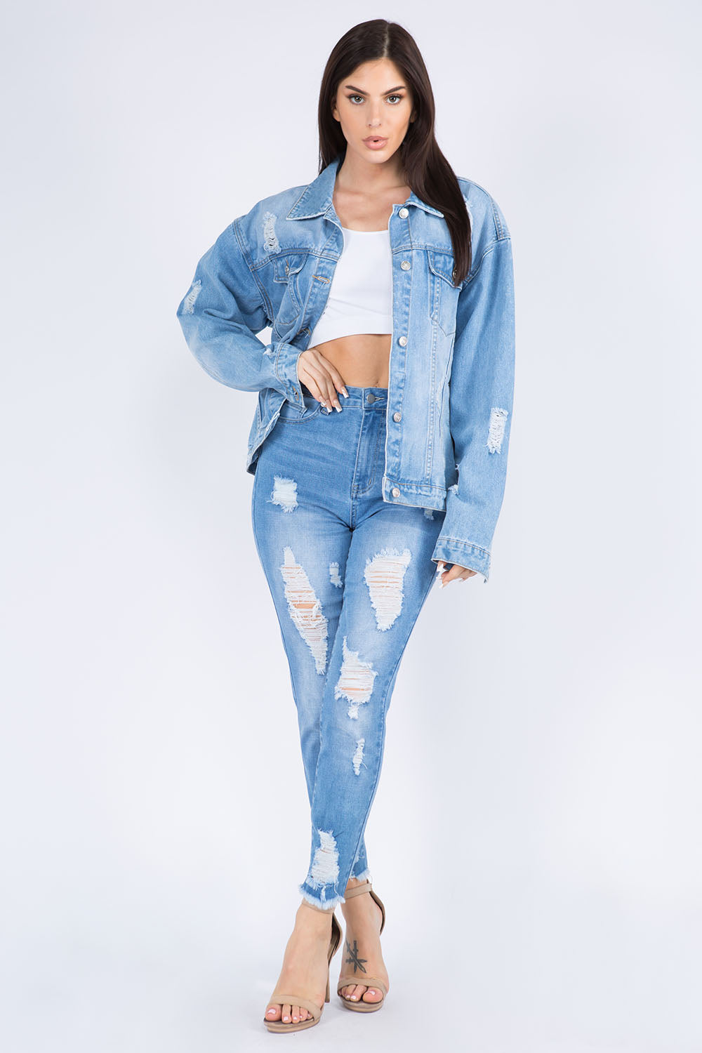 American Bazi Full Size Painted Back Distressed Denim Jacket 