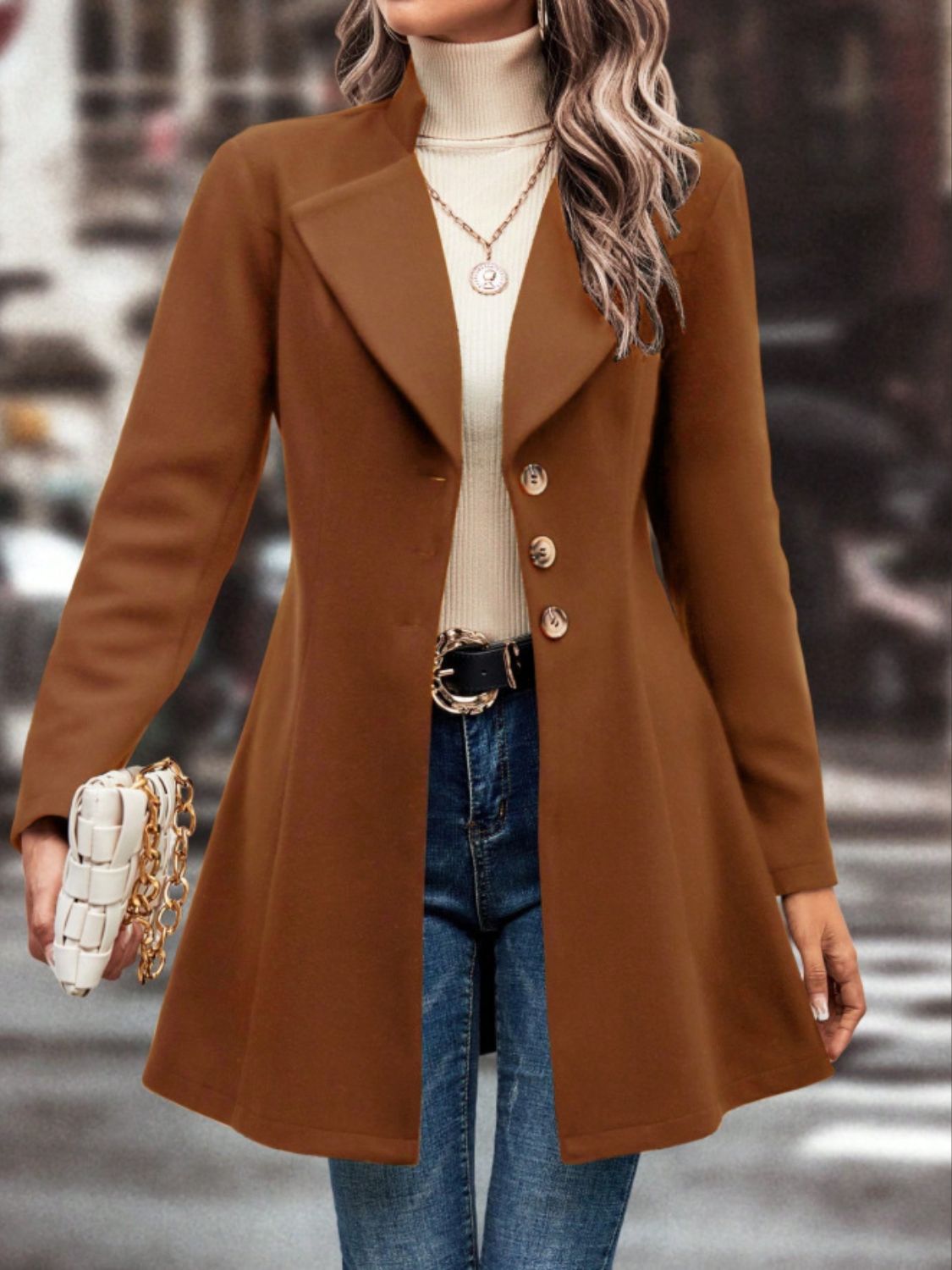 Collared Neck Button Up Long Sleeve Coat 