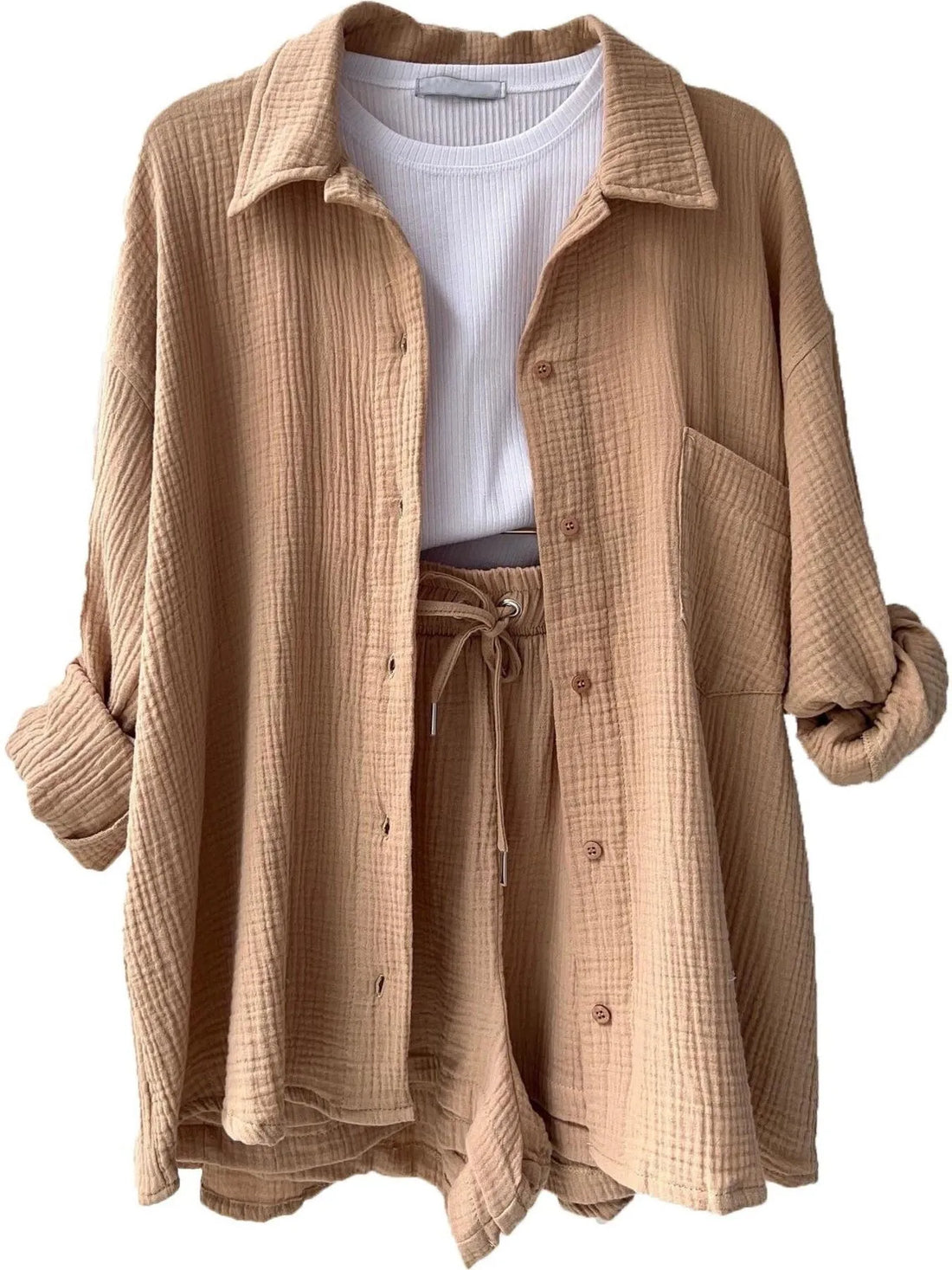 Textured Button Up Shirt and Shorts Set Two Piece Dresses