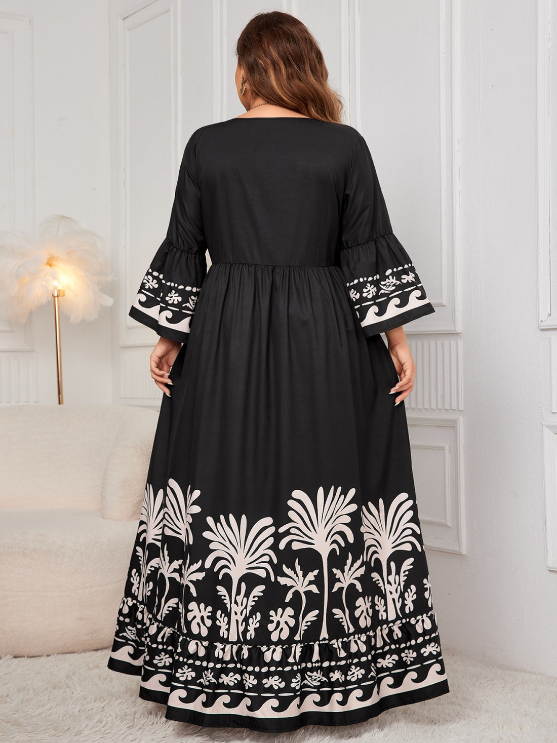 Honey Plus Size Printed V-Neck Long Sleeve Maxi Dress 