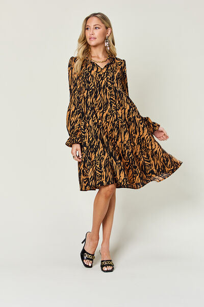 Double Take Full Size Printed Ruffle Hem Long Sleeve Dress Dresses