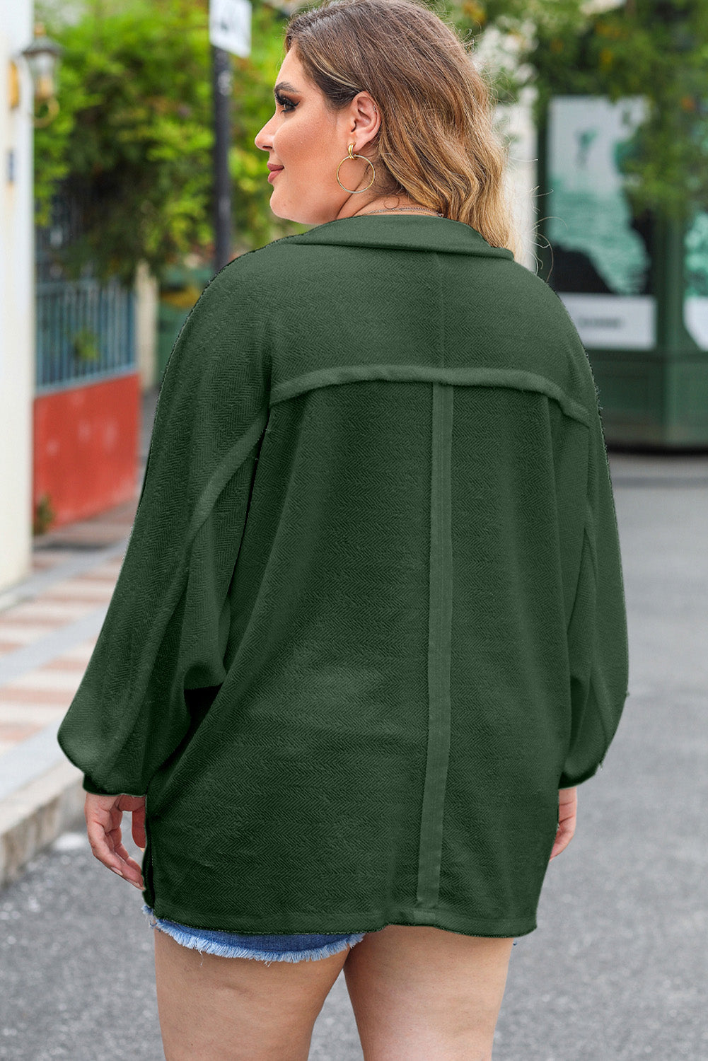 Plus Size Half Button Collared Neck Long Sleeve Blouse 