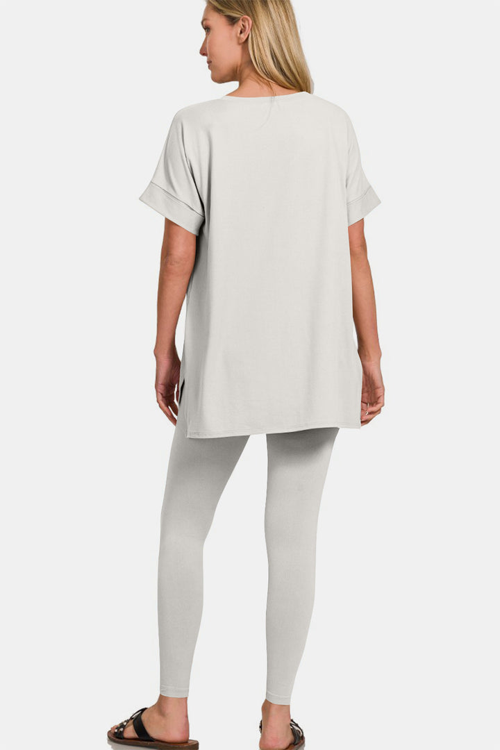 Zenana V-Neck Rolled Short Sleeve T-Shirt and Leggings Lounge Set 