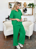 Double Take Full Size Texture Half Zip Short Sleeve Top and Pants Set 