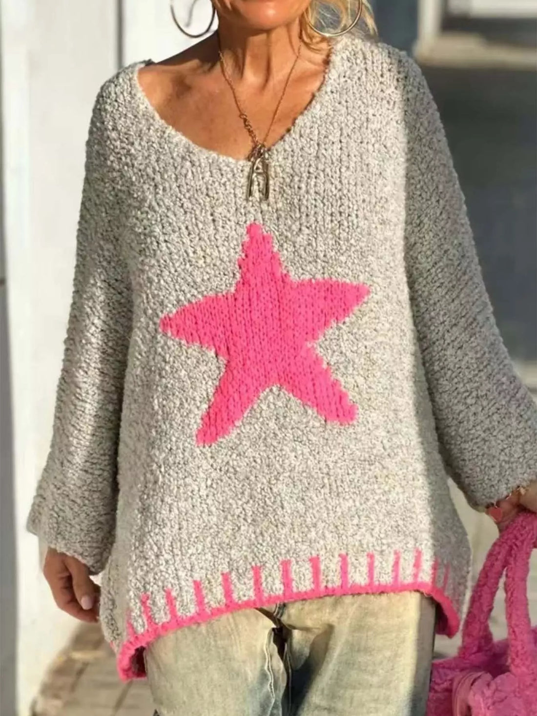 Star V-Neck Long Sleeve Sweater 
