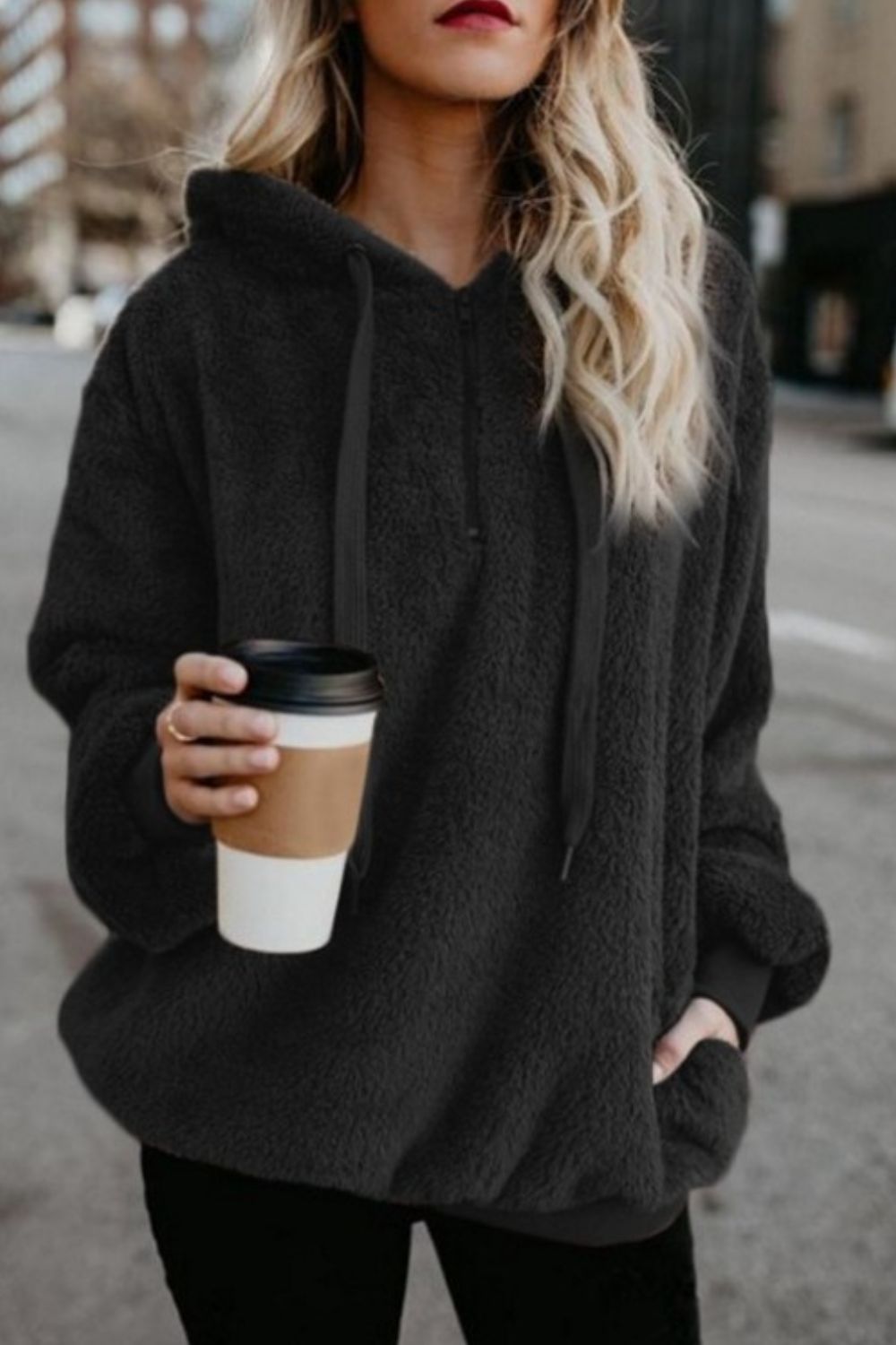 Full Size Quarter-Zip Drawstring Teddy Hoodie 