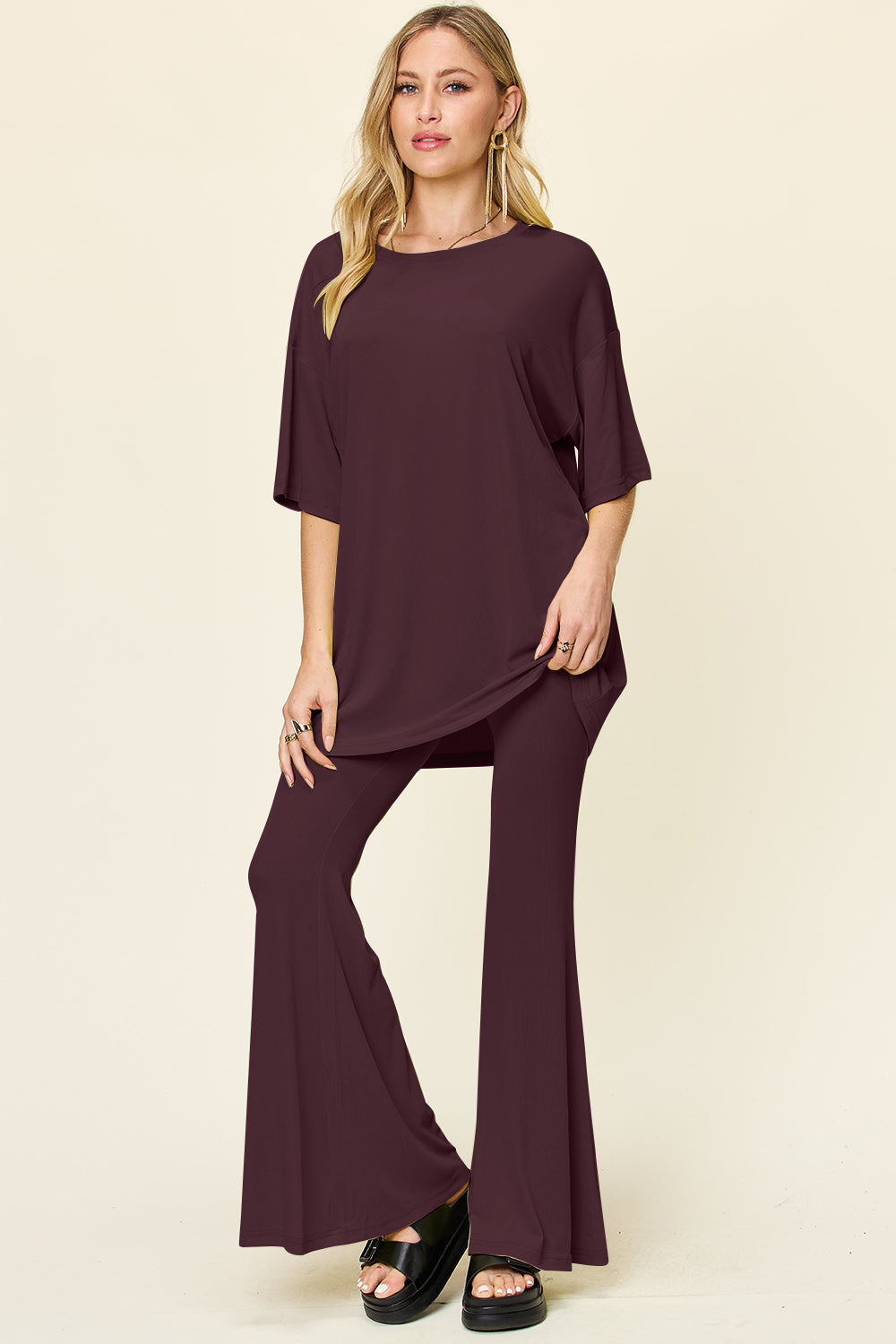 Double Take Full Size Round Neck Drop Shoulder T-Shirt and Flare Pants Set 