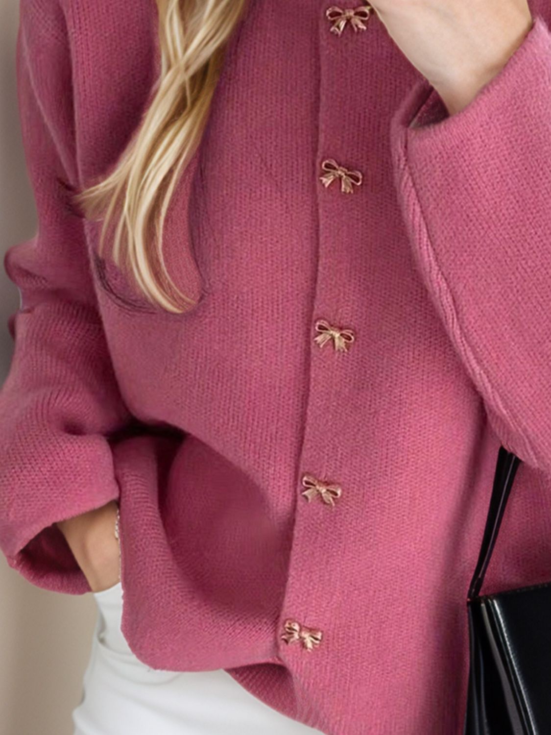 Bow Button Down Round Neck Long Sleeve Cardigan 