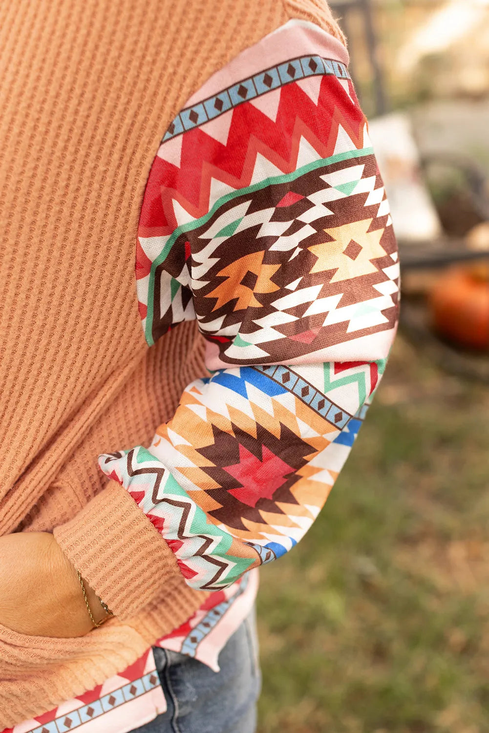 Plus Size Drawstring Geometric Long Sleeve Hoodie 