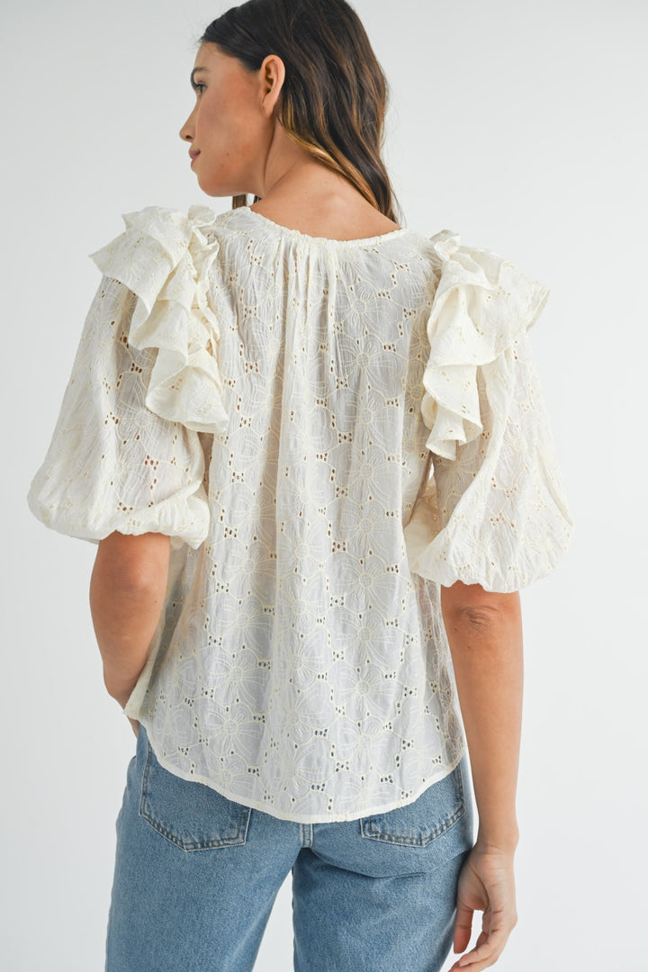 MABLE Eyelet Lace Ruffle Shoulder Puff Sleeve Blouse 